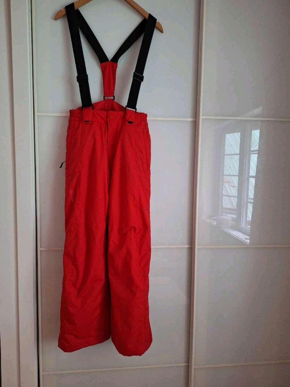 Red Girl's Ski Pants with Adjustable Black Suspenders